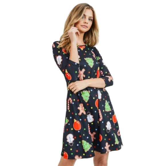 Dresses & Skirts - Women's 3/4 Length Sleeve Gingerbread Print Dress